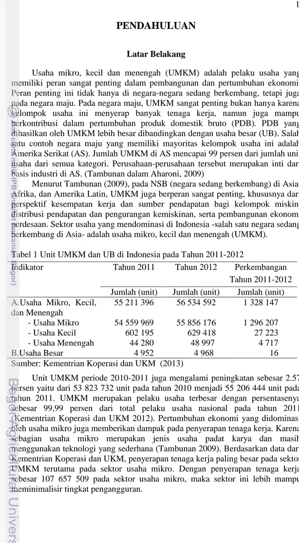Tabel 1 Unit UMKM dan UB di Indonesia pada Tahun 2011-2012 
