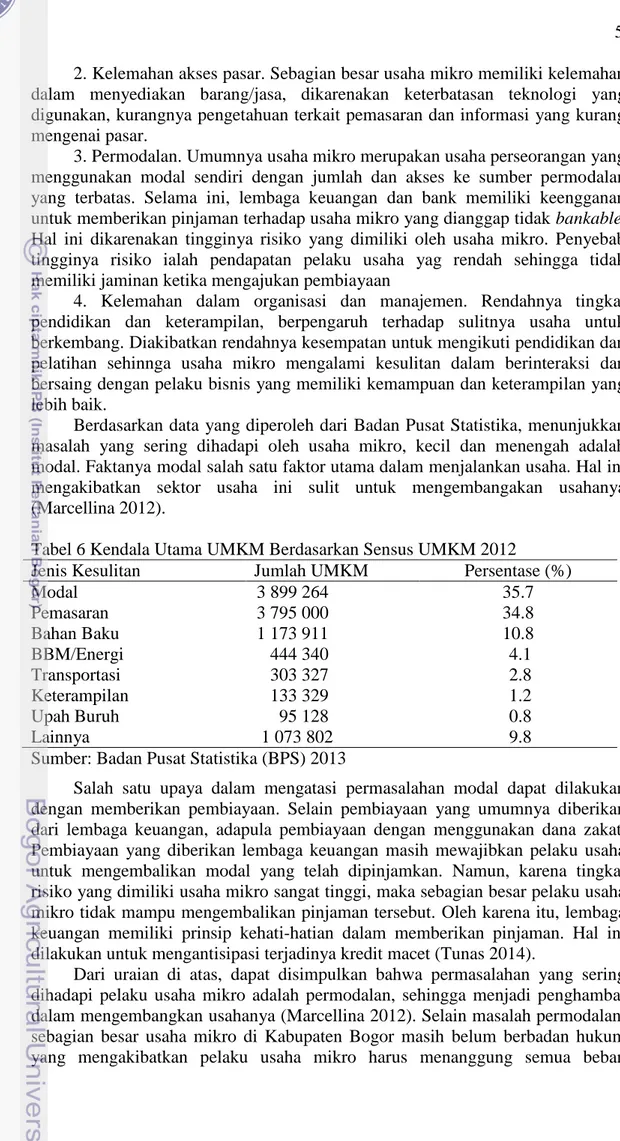 Tabel 6 Kendala Utama UMKM Berdasarkan Sensus UMKM 2012 