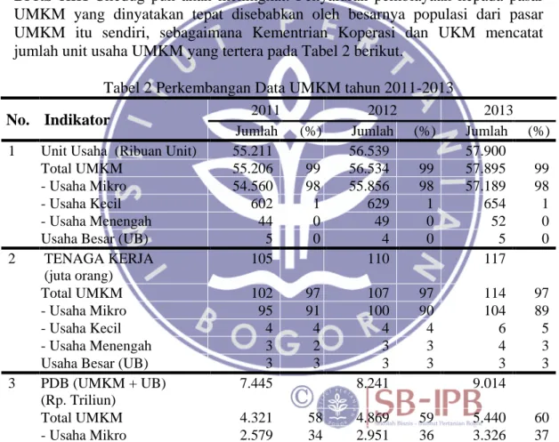 Tabel 2 Perkembangan Data UMKM tahun 2011-2013 