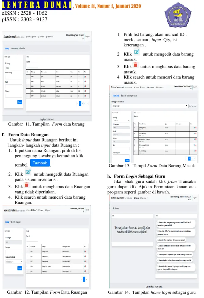 Gambar  12. Tampilan Form Data Ruangan  g.  Form Data Barang  Masuk 