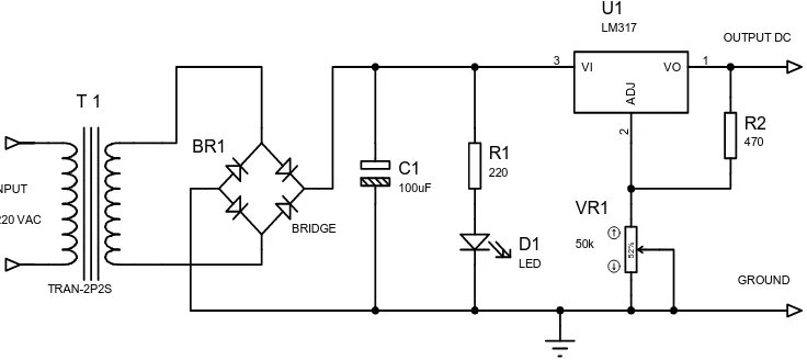 Gambar 13. Rangkaian Power Supply variable dengan IC LM 317 (Sumber : Blocher, Richard