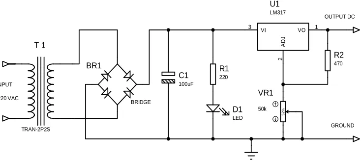 Gambar 13. Rangkaian Power Supply variable dengan IC LM 317 (Sumber : Blocher, Richard