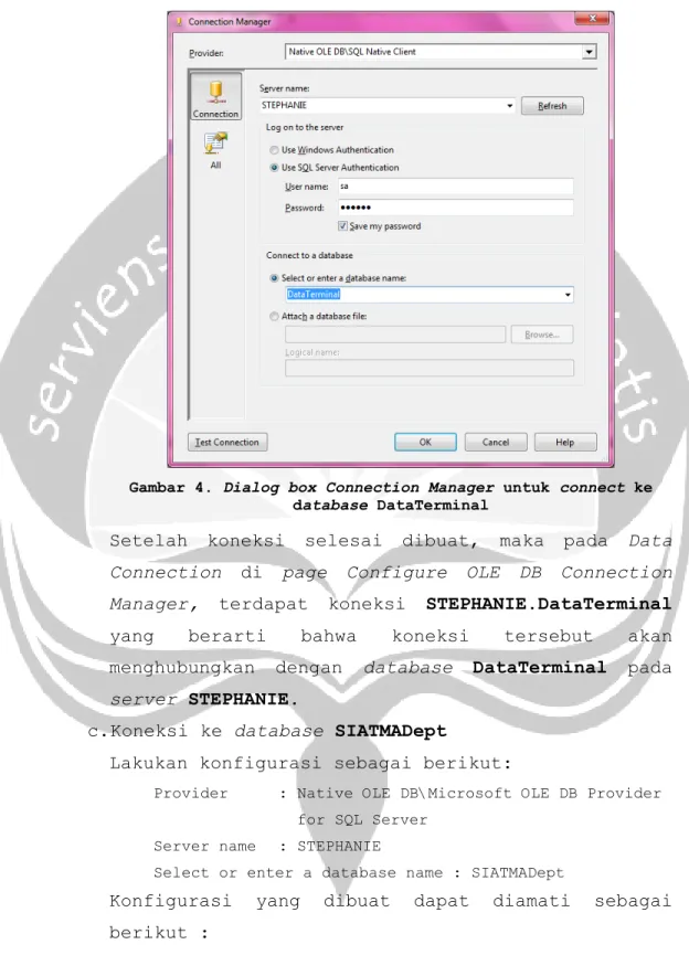 Gambar 4. Dialog box Connection Manager untuk connect ke  database DataTerminal 