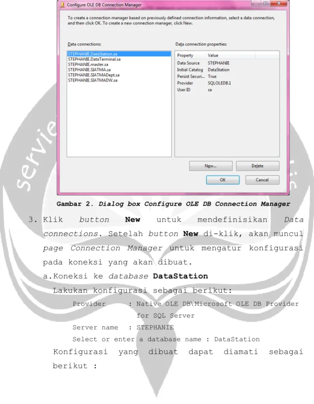 Gambar 2. Dialog box Configure OLE DB Connection Manager  3.  Klik  button  New  untuk mendefinisikan Data 