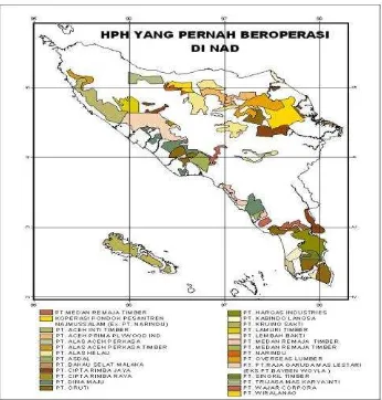 Gambar 6. Kawasan HPH yang pernah Beroperasi di Nanggroe Aceh Darussalam  (diolah dari Dinas Kehutanan Propinsi NAD)