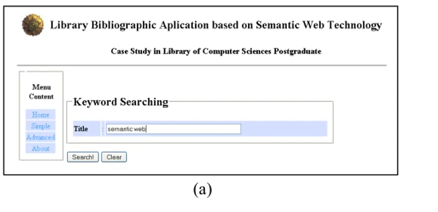 Gambar 12. Implementasi berbasis pola (string) pada menu Keyword Searching (a)  Desain interface keyword searching (b) Hasil pencarian dengan keyword searching 