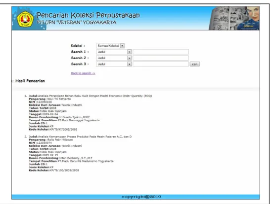 Gambar 4.13 Hasil Pencarian dengan Kriteria Pencarian Koleksi KP, Search pertama Koleksi dari Jurusan 