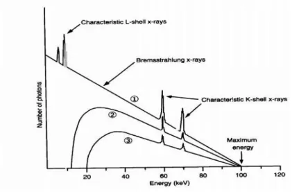Gambar II.3. Spektrum radiasi sinar-X Bremstrahlumg dan Karakteristik  (Sumber  : Crestensen’s Physics of Diagnostoc Radiology,Curry,1990) 