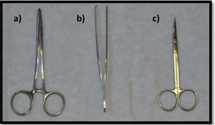 Gambar 2. Alat yang digunakan dalam melakukan  penjahitan luka: (a) Needle holder; (b) Pinset  chirurgis; (c) Gunting benang 7
