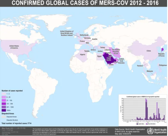 Gambar 3 Peta Penyebaran Virus MERS di Dunia (2012-2015) 
