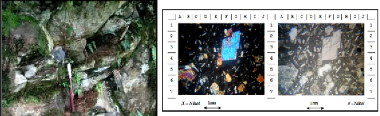 Gambar  4. a). Singkapan batuan Aliran Lava Sibualbuali 15, Sayatan tipis Aliran Lava Sibualbuali 15  (LSbL 9) yang menunjukan jenis Lava Andesit Piroxen
