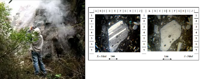 Gambar  5. a). Singkapan batuan Aliran Lava Sibualbuali 17, Sayatan tipis Aliran Lava Sibualbuali 17 (LSbL  17) yang menunjukan jenis Lava Andesit 