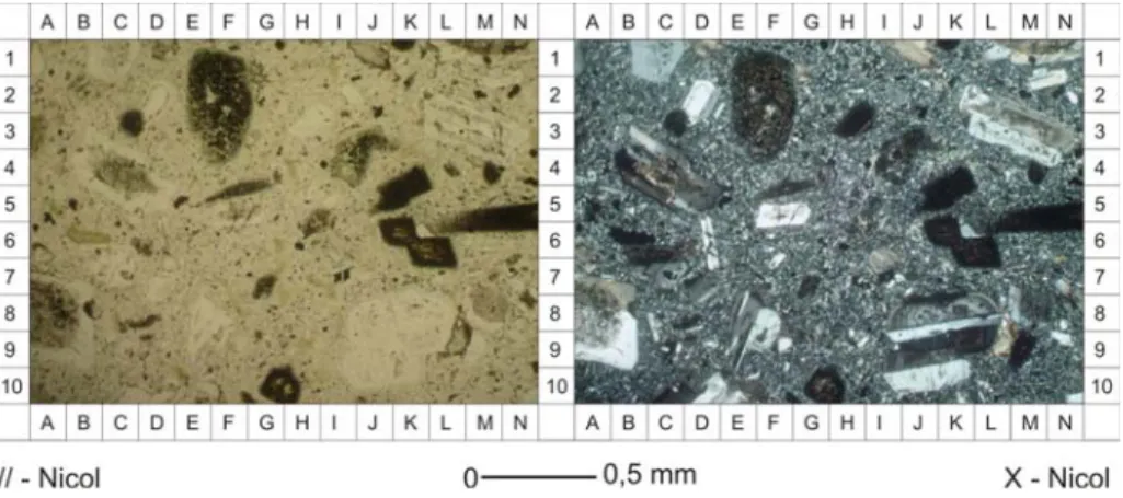 Gambar 3.11 Sayatan tipis andesit piroksen Derajat Pelapukan I, bertekstur porfiritik,  sebagian fenokris plagioklas telah mengalami ubahan menjadi mineral lempung