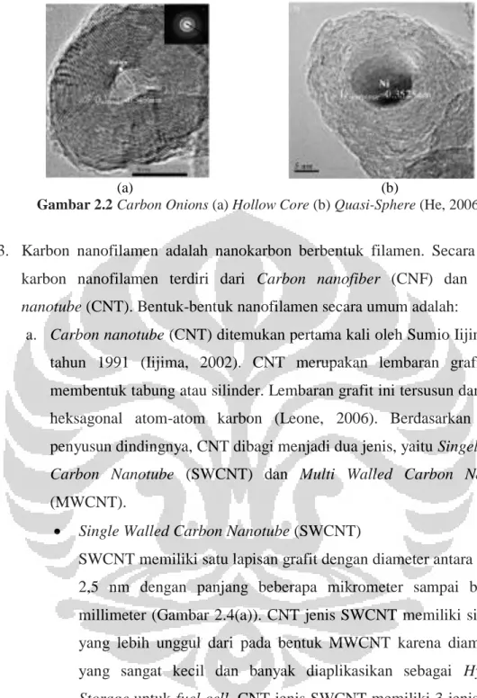 Gambar 2.2 Carbon Onions (a) Hollow Core (b) Quasi-Sphere (He, 2006) 