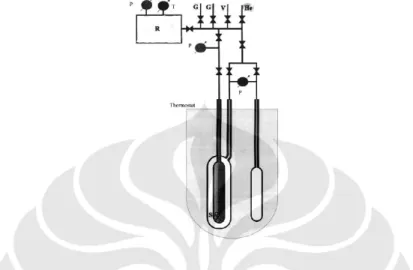 Gambar 2.6 : Skematik Tian-Calvet kalorimeter. (P) pressure gauge, (T) termometer (R)  gas  resovoir,  (S)  sampel,  (G)  adsorbat  masuk,  (V)  katup  vakum  dan  (He)  helium masuk 