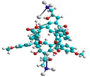 Gambar  1.  Struktur  Senyawa  5,17-di(2-hidroksi- 5,17-di(2-hidroksi-propil  trimetilammonium   klorida)-C-4-metoksifenilkaliks[4]resorsinarena  hasil  optimasi  geometri  dengan  metode  Semiempiris  PM3  dalam bentuk 3D 
