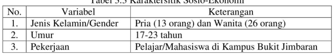 Tabel 3.3 Karaktersitik Sosio-Ekonomi  