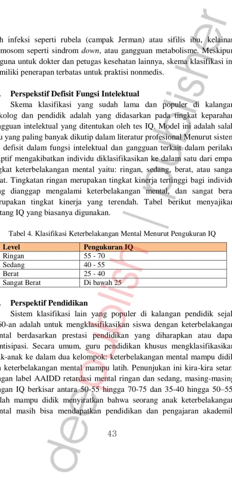 Tabel 4. Klasifikasi Keterbelakangan Mental Menurut Pengukuran IQ 