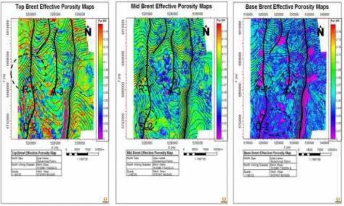 Figure 4. Brent reservoir Effective Porosity maps from AI maps for horizon top Brent,mid Brent and base Brent.