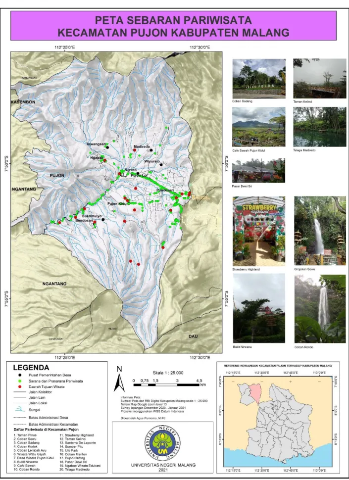 Gambar 2. Peta Sebaran Sarana dan Prasarana Pariwisata dan Objek Wisata di Kecamatan Pujon Kabupaten Malang  (Sumber: Hasil olahan data dan RBI, 2020)
