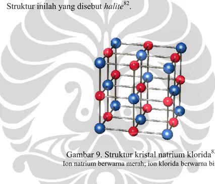 Gambar 9. Struktur kristal natrium klorida 83 Ion natrium berwarna merah; ion klorida berwarna biru