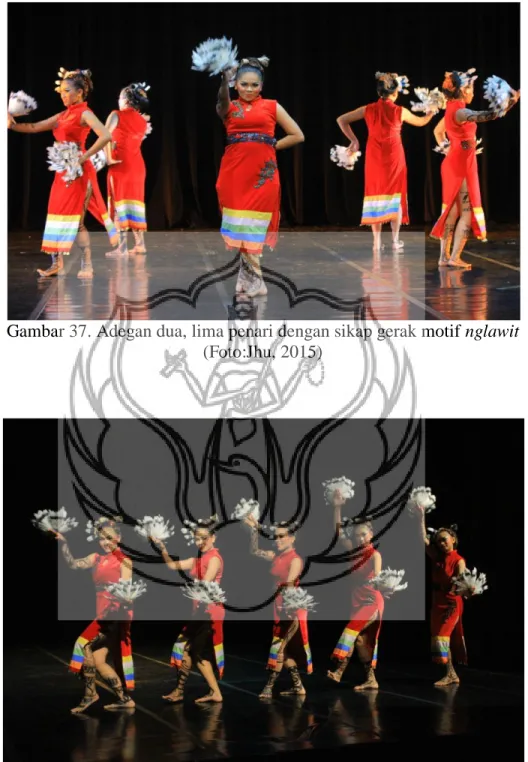 Gambar 37. Adegan dua, lima penari dengan sikap gerak motif nglawit  (Foto:Jhu, 2015) 