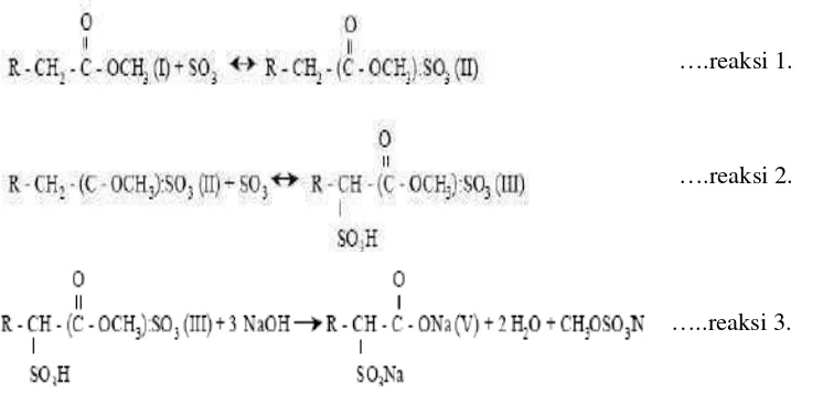 Gambar 6. Mekanisme reaksi sulfonasi metil ester pada reaktor failing film. Sumber:  Watkins (2001) 