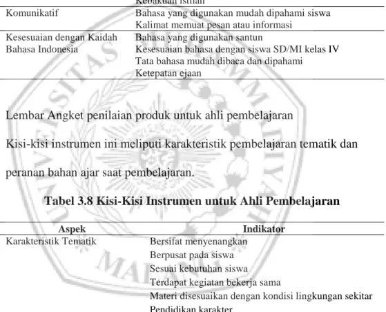Tabel 3.7 Kisi-Kisi Instrumen untuk Ahli Bahasa 