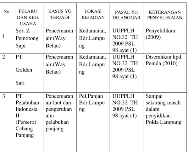Tabel 1. Kasus Pelanggaran Lingkungan Hidup di Kota Bandar Lampung  Tahun 2009 – 2013  No  PELAKU  DAN KEG
