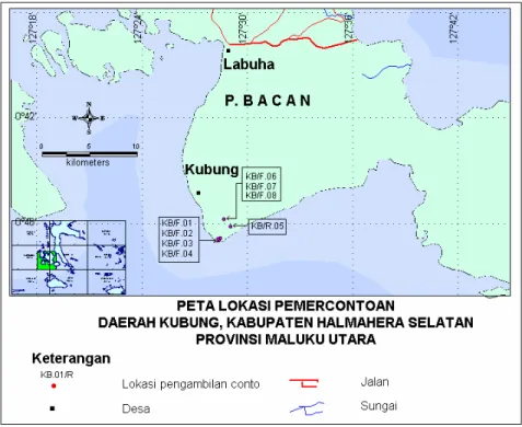 GAMBAR 2.2.  Peta lokasi pemercontoan Daerah Kubung,  Kabupaten                          Halmahera Selatan, Provinsi Maluku Utara 