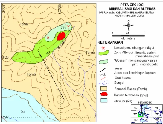 GAMBAR 3.2. Peta Geologi, Mineralisasi dan Alterasi Daerah Yaba,   Kabupaten Halmahera Selatan, Provinsi Maluku Utara 