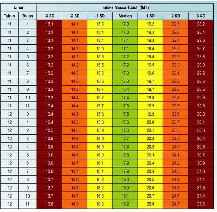 Tabel Standar Indeks Massa Tubuh Menurut Usia (IMT/U)  Anak Laki-Laki Usia 6-12 tahun 