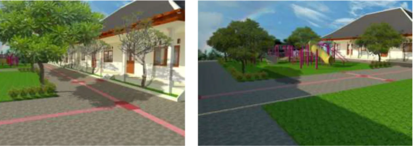 Gambar 5. Konsep Penataan Pedestrian (kiri) dan Taman Bermain (kanan) 