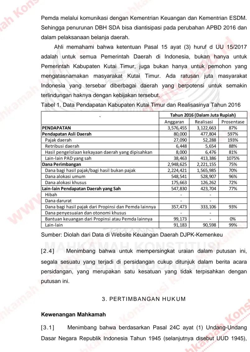 Tabel 1. Data Pendapatan Kabupaten Kutai Timur dan Realisasinya Tahun 2016 