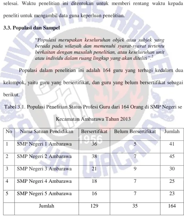 Tabel 3.1. Populasi Penelitian Status Profesi Guru dari 164 Orang di SMP Negeri se  Kecamatan Ambarawa Tahun 2013 