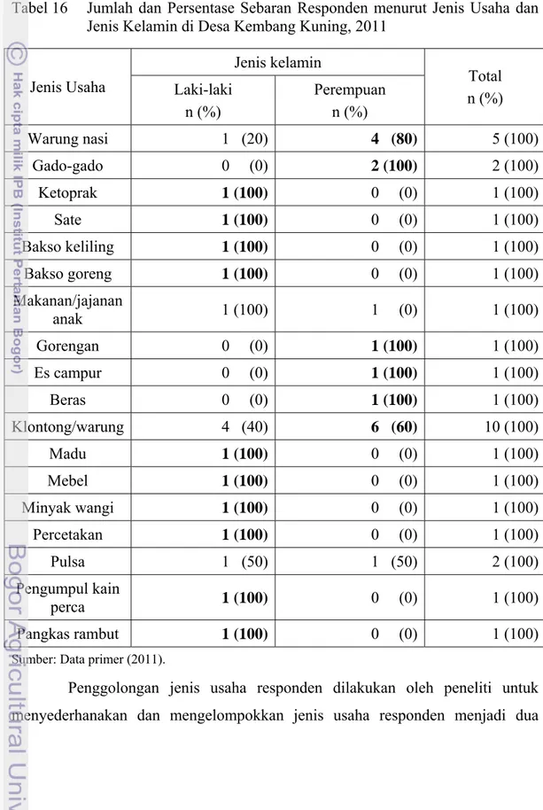 Tabel 16  Jumlah dan Persentase Sebaran Responden menurut Jenis Usaha dan  Jenis Kelamin di Desa Kembang Kuning, 2011 