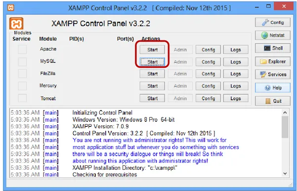 Gambar  1.8 Tampilan Control Panel yang digunakan untuk menjalankan Web Server dan  Database MySQL 