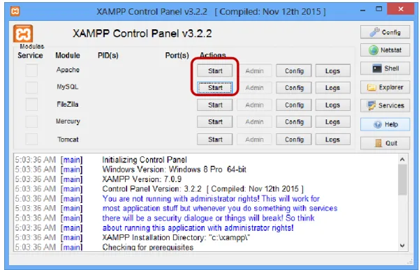 Gambar  1.8 Tampilan Control Panel yang digunakan untuk menjalankan Web Server dan  Database MySQL 