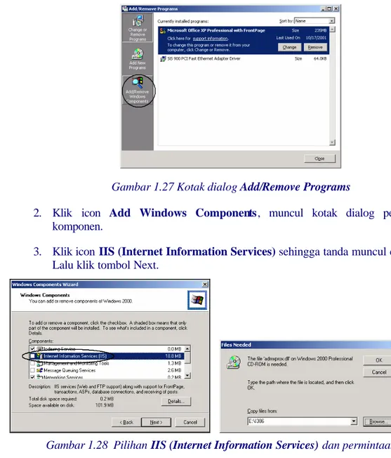 Gambar 1.28  Pilihan IIS (Internet Information Services) dan permintaan CD  4.  Jika ada permintaan, masukkan CD istaller Windows 2000 lalu klik OK
