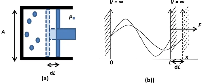 Gambar 3.1.  Sistem Piston antara termodinamika klasik dan mekanika kuantum (a)Sistem Piston (b) Model Analogi Kotak 1 Dimensi.