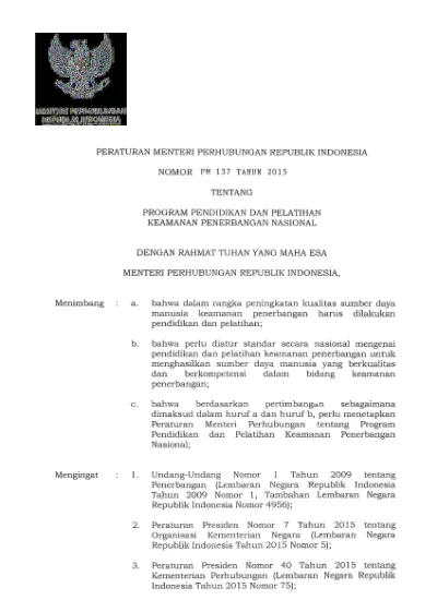 PERATURAN MENTERI PERHUBUNGAN REPUBLIK INDONESIA NOMOR PH 137 TAHUN ...