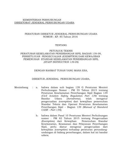 PERATURAN DIREKTUR JENDERAL PERHUBUNGAN UDARA NOMOR : KP. 85 Tahun 2016 ...