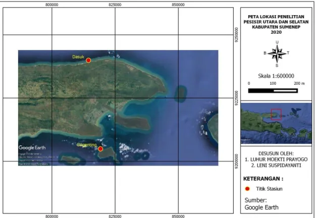 Gambar 1. Peta lokasi penelitian dan titik pengambilan sampel pasang surut  Data  yang  digunakan  pada  penelitian  ini  adalah  data  pengamatan  pasang  surut  yang  diperoleh  dari  Pusat  Jaring  Kontrol  Geodesi  dan  Geodinamika  di  laman   http://