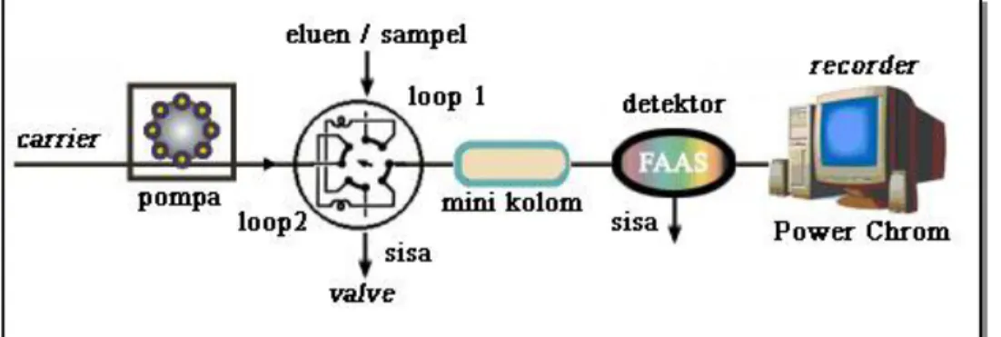 Gambar 1. Konstruksi alat FIA-AAS menggunakan minikolom resin dowex 50W-X8  Penelitian  lanjutan  adalah  mencari  kondisi  optimum  untuk  prakonsentrasi  ion  Sn(II)  secara FIA-AAS dengan menggunakan resin dowex 50W-X8 yang meliputi penentuan pengaruh  