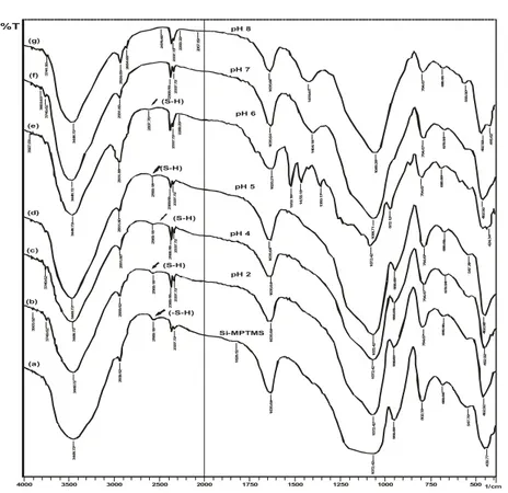 Gambar 3. Spektra inframerah adsorben HMS dari prekursor TEOS (a) dan hasil  interaksinya dengan ion Cd(II) pada pH (b) 2, (c) 4, (d) 5, (e) 6, (f) 7 dan (g) 8