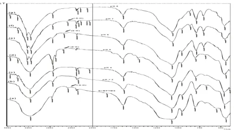 Gambar 5. Spektra inframerah adsorben HMS dari prekursor TEOS(a) dan hasil  interaksinya dengan ion Cu(II) pada pH (b) 2, (c) 4, (d) 5, (e) 6, (f) 7 dan (g) 8