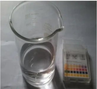 Gambar 6. Sampel air setelah proses evaporasi  Berdasarkan  berdasarkan  hasil  pengukuran  pH  pada  sampel  air  yang  telah  dievaporasi,  diperoleh bahwa sampel air tersebut telah berada  pada tingkat keasaman (pH) 7 dan warna sampel  menjadi jernih