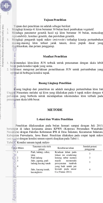 Tabel 1  Kondisi umum tapak mikro 