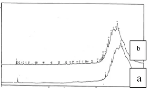 gambar  5  cairan  hasil  hidrorengkah  tanpa  katalis  menunjukkan  adanya  perubahan  waktu  retensi  kromatogram  hasil  hidrorengkah   dengan  kromatogram  awal
