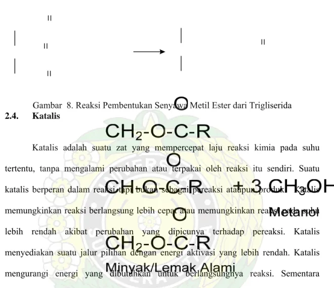 Gambar  8. Reaksi Pembentukan Senyawa Metil Ester dari Trigliserida  2.4.  Katalis  